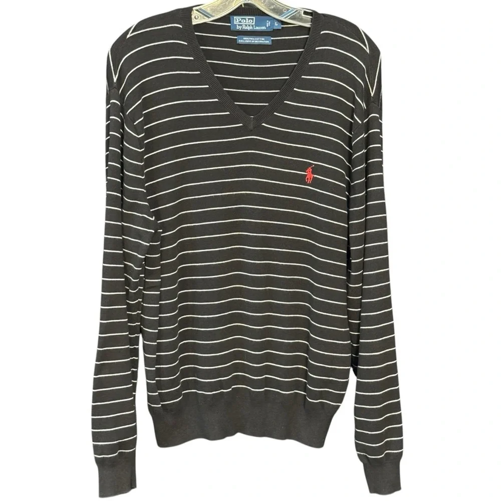 Polo Ralph Lauren Men’s Black Striped V-Neck Sweater L Excellent!
